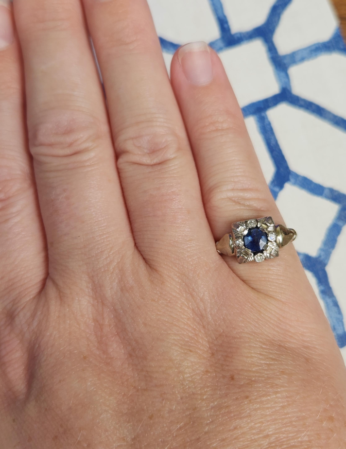 Late Art Deco Early Retro Blue Sapphire and Diamond Ring in 14k White Gold