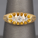 Antique Victorian Old Mine Cut Diamond Three Stone Belcher Set Ring in 18k Yellow Gold
