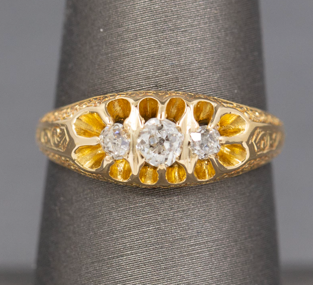 Antique Victorian Old Mine Cut Diamond Three Stone Belcher Set Ring in 18k Yellow Gold