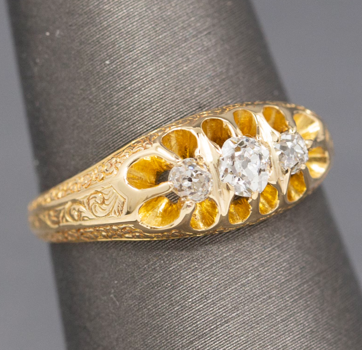 Antique Victorian Old Mine Cut Diamond Three Stone Belcher Set Ring in 18k Yellow Gold