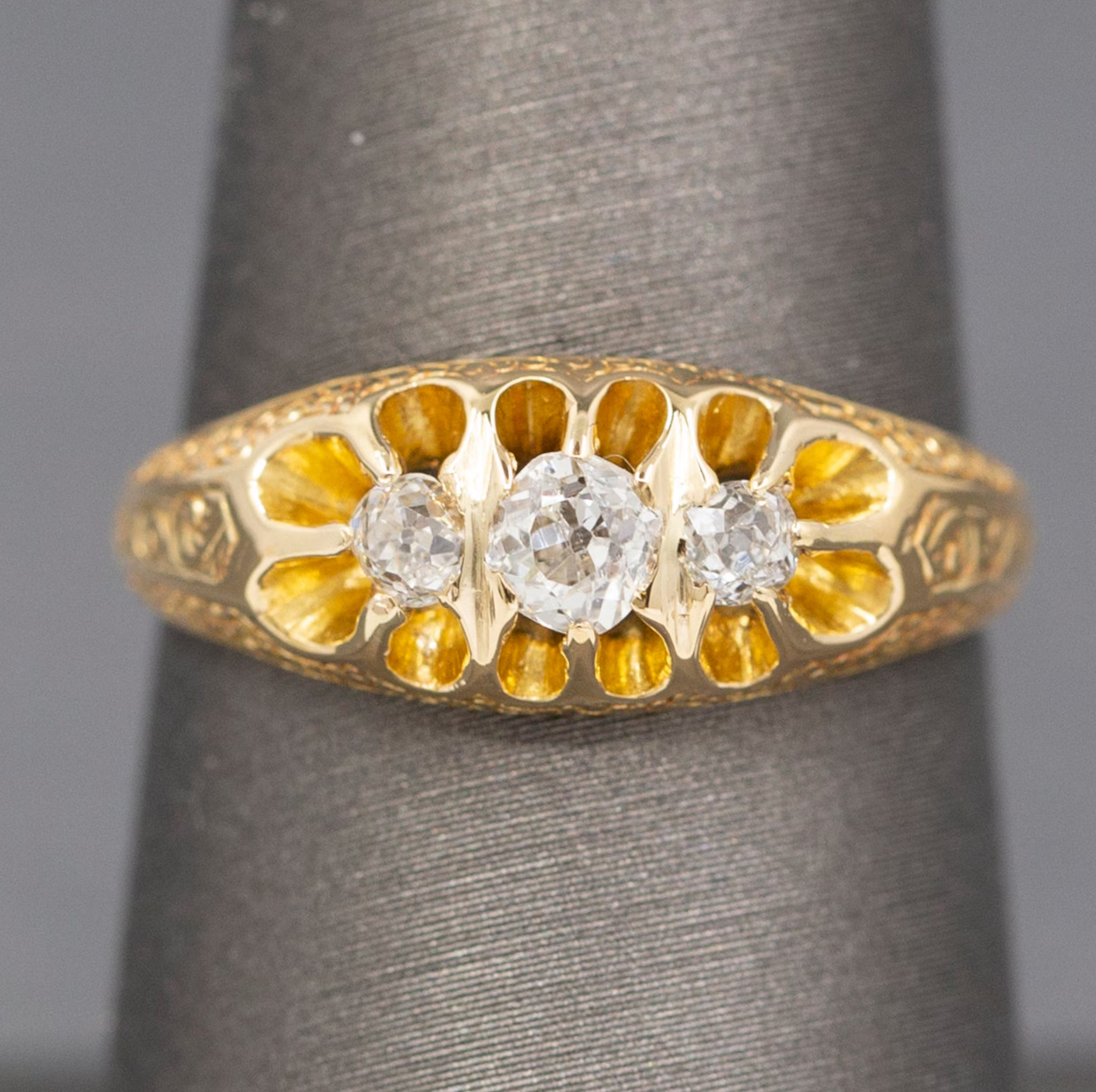 Antique Victorian Old Mine Cut Diamond Three Stone Belcher Set Ring in 18k Yellow Gold