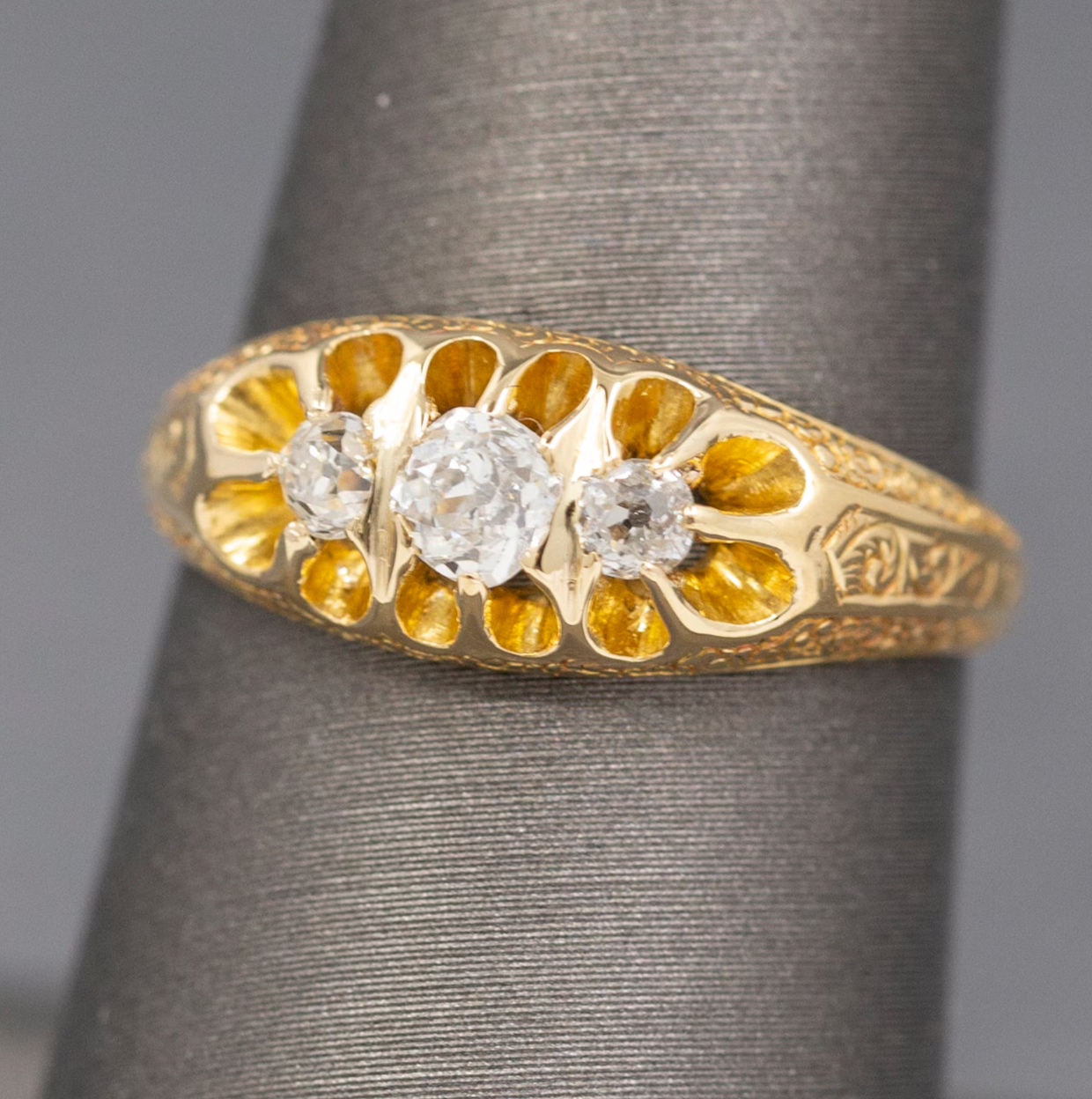 Antique Victorian Old Mine Cut Diamond Three Stone Belcher Set Ring in 18k Yellow Gold