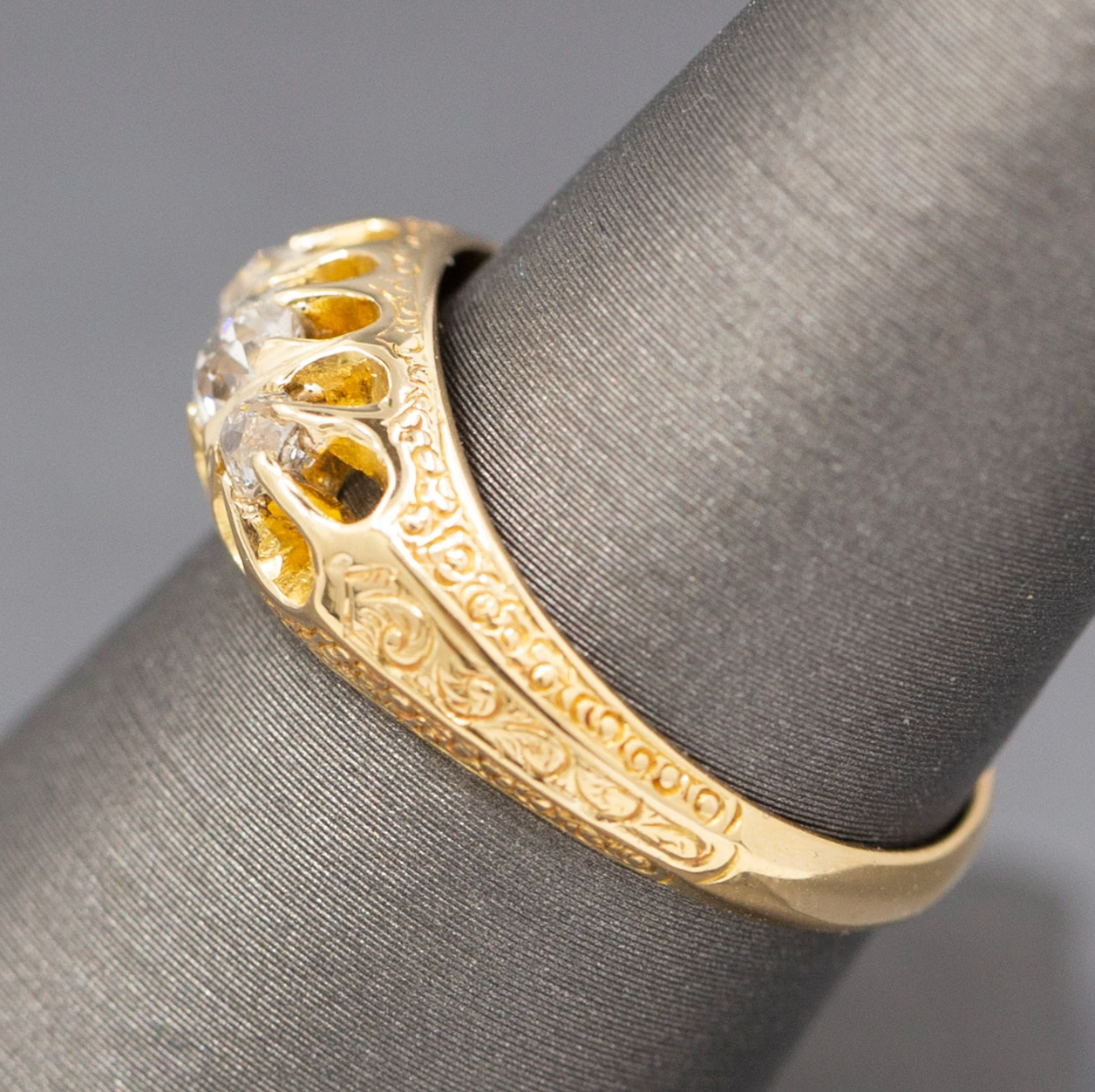 Antique Victorian Old Mine Cut Diamond Three Stone Belcher Set Ring in 18k Yellow Gold
