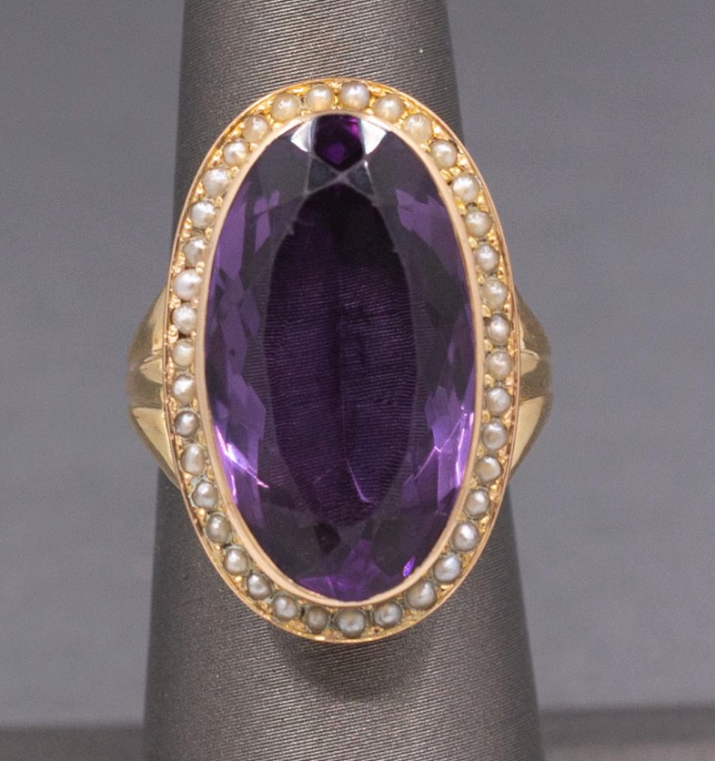 Amazing Antique Victorian Amethyst and Seed Pearl Cocktail Ring in 14k Yellow Gold