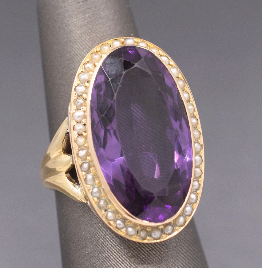 Amazing Antique Victorian Amethyst and Seed Pearl Cocktail Ring in 14k Yellow Gold