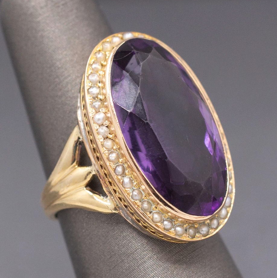Amazing Antique Victorian Amethyst and Seed Pearl Cocktail Ring in 14k Yellow Gold