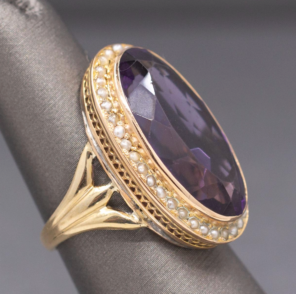 Amazing Antique Victorian Amethyst and Seed Pearl Cocktail Ring in 14k Yellow Gold