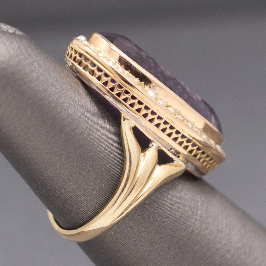 Amazing Antique Victorian Amethyst and Seed Pearl Cocktail Ring in 14k Yellow Gold