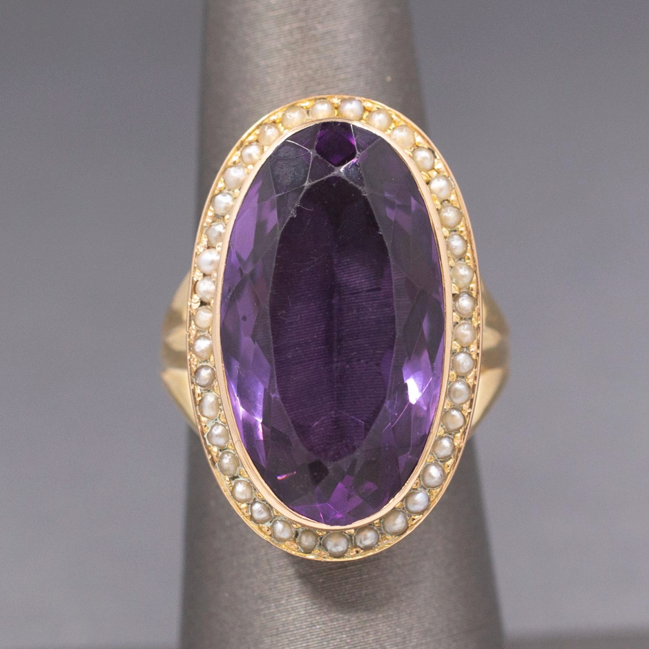 Amazing Antique Victorian Amethyst and Seed Pearl Cocktail Ring in 14k Yellow Gold