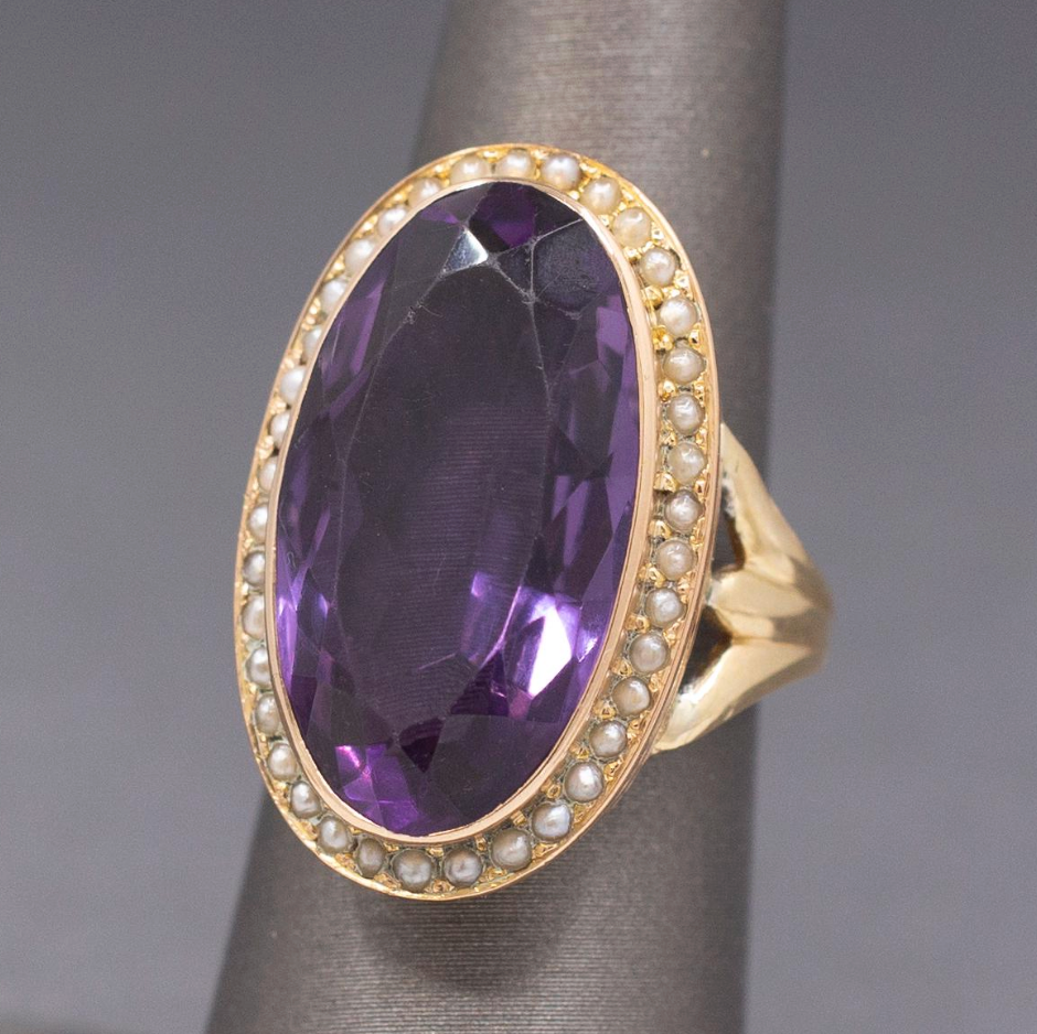 Amazing Antique Victorian Amethyst and Seed Pearl Cocktail Ring in 14k Yellow Gold