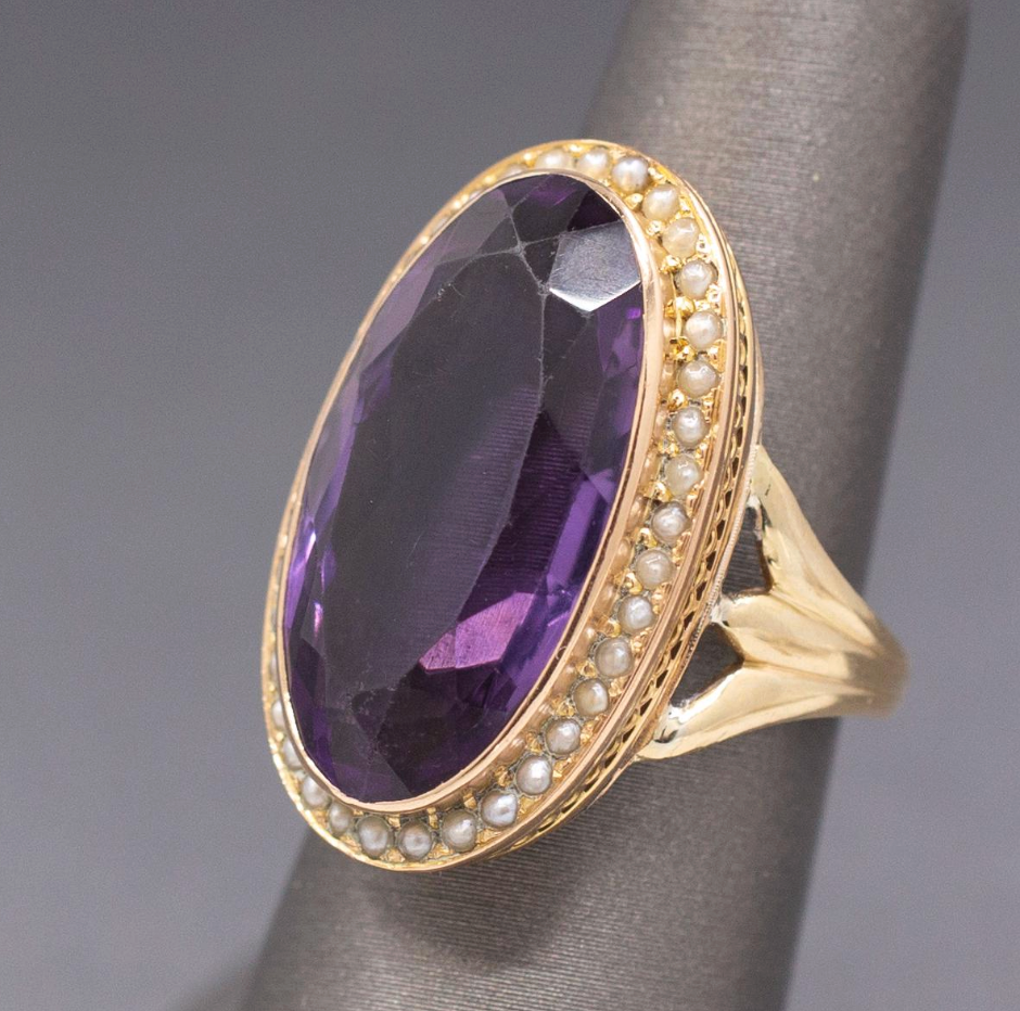Amazing Antique Victorian Amethyst and Seed Pearl Cocktail Ring in 14k Yellow Gold