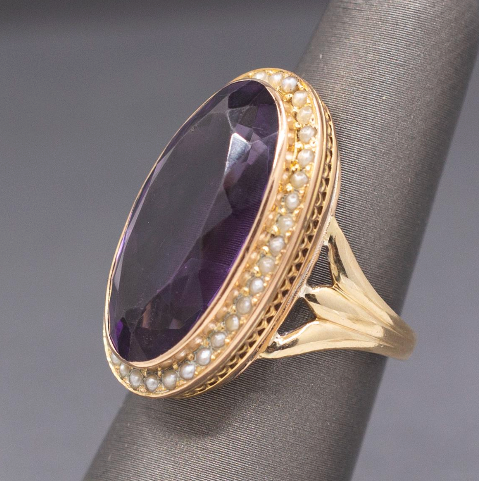 Amazing Antique Victorian Amethyst and Seed Pearl Cocktail Ring in 14k Yellow Gold
