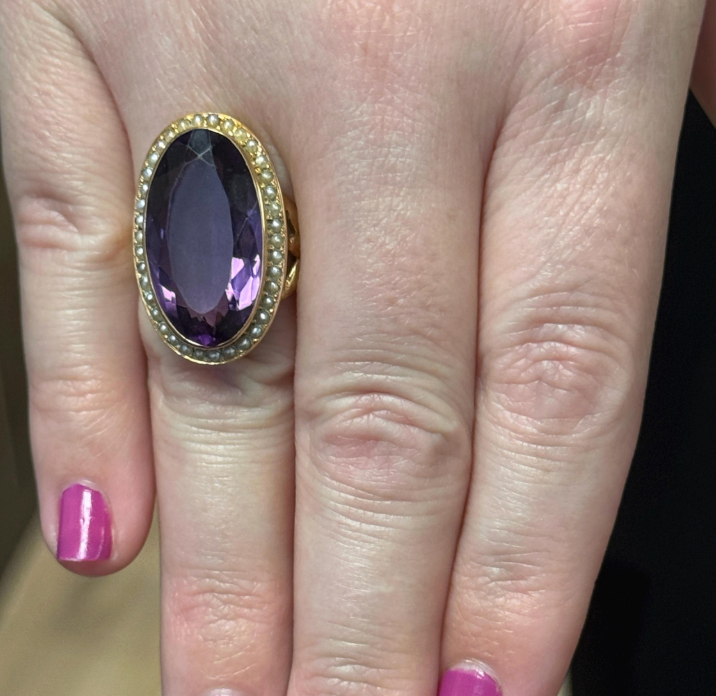 Amazing Antique Victorian Amethyst and Seed Pearl Cocktail Ring in 14k Yellow Gold