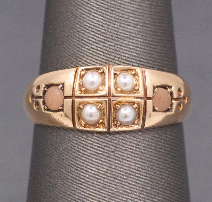Antique Victorian English Pearl and Coral Band Ring in 15k Yellow Gold 1883