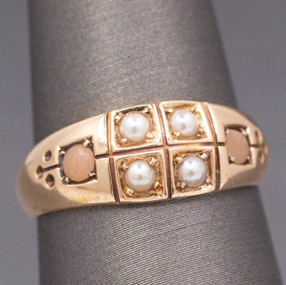 Antique Victorian English Pearl and Coral Band Ring in 15k Yellow Gold 1883