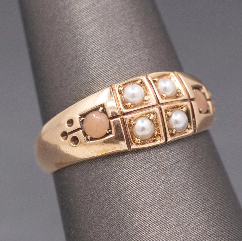Antique Victorian English Pearl and Coral Band Ring in 15k Yellow Gold 1883