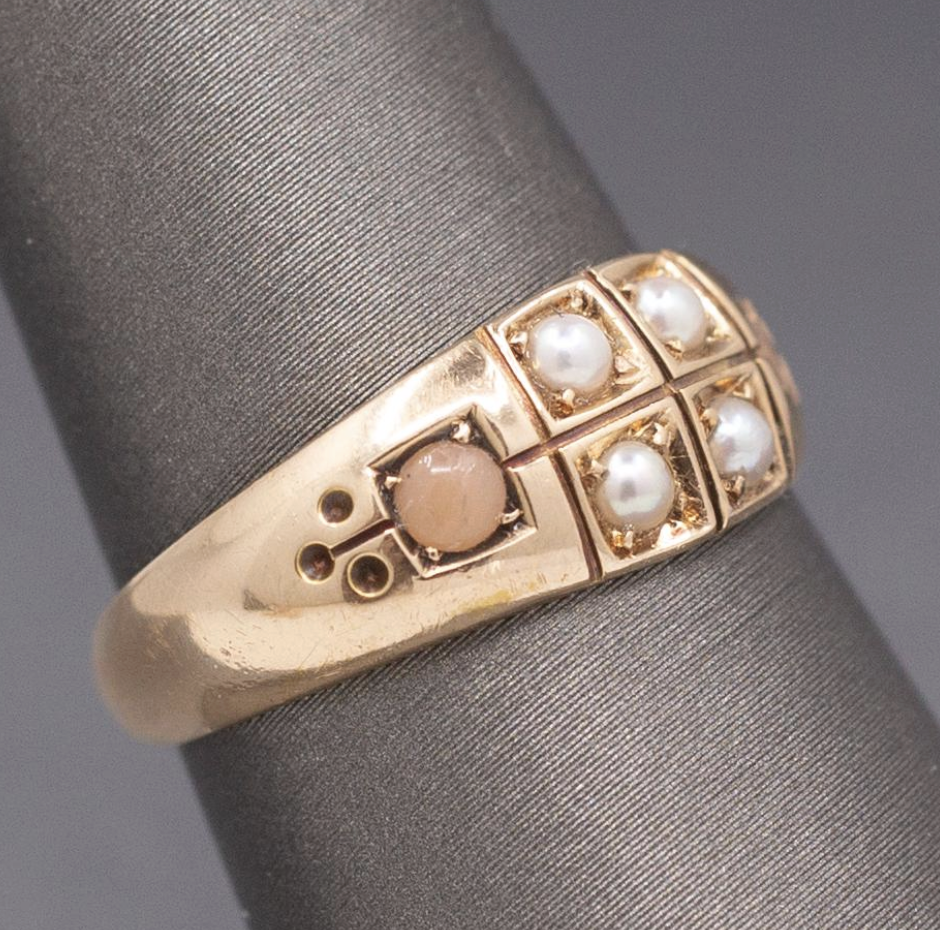 Antique Victorian English Pearl and Coral Band Ring in 15k Yellow Gold 1883