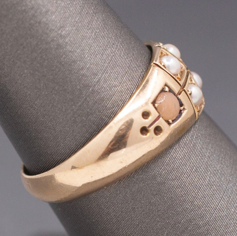 Antique Victorian English Pearl and Coral Band Ring in 15k Yellow Gold 1883