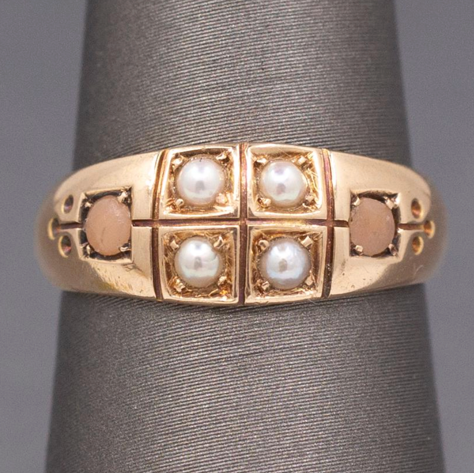 Antique Victorian English Pearl and Coral Band Ring in 15k Yellow Gold 1883