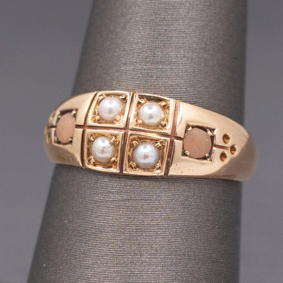 Antique Victorian English Pearl and Coral Band Ring in 15k Yellow Gold 1883