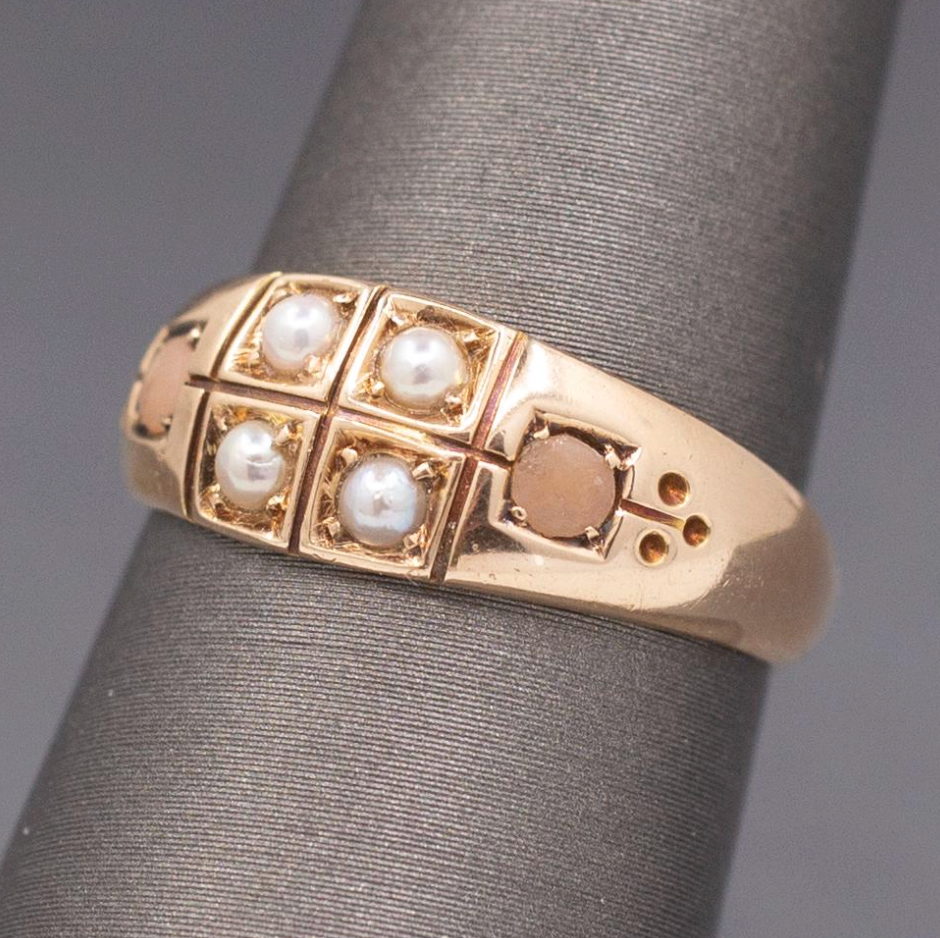 Antique Victorian English Pearl and Coral Band Ring in 15k Yellow Gold 1883