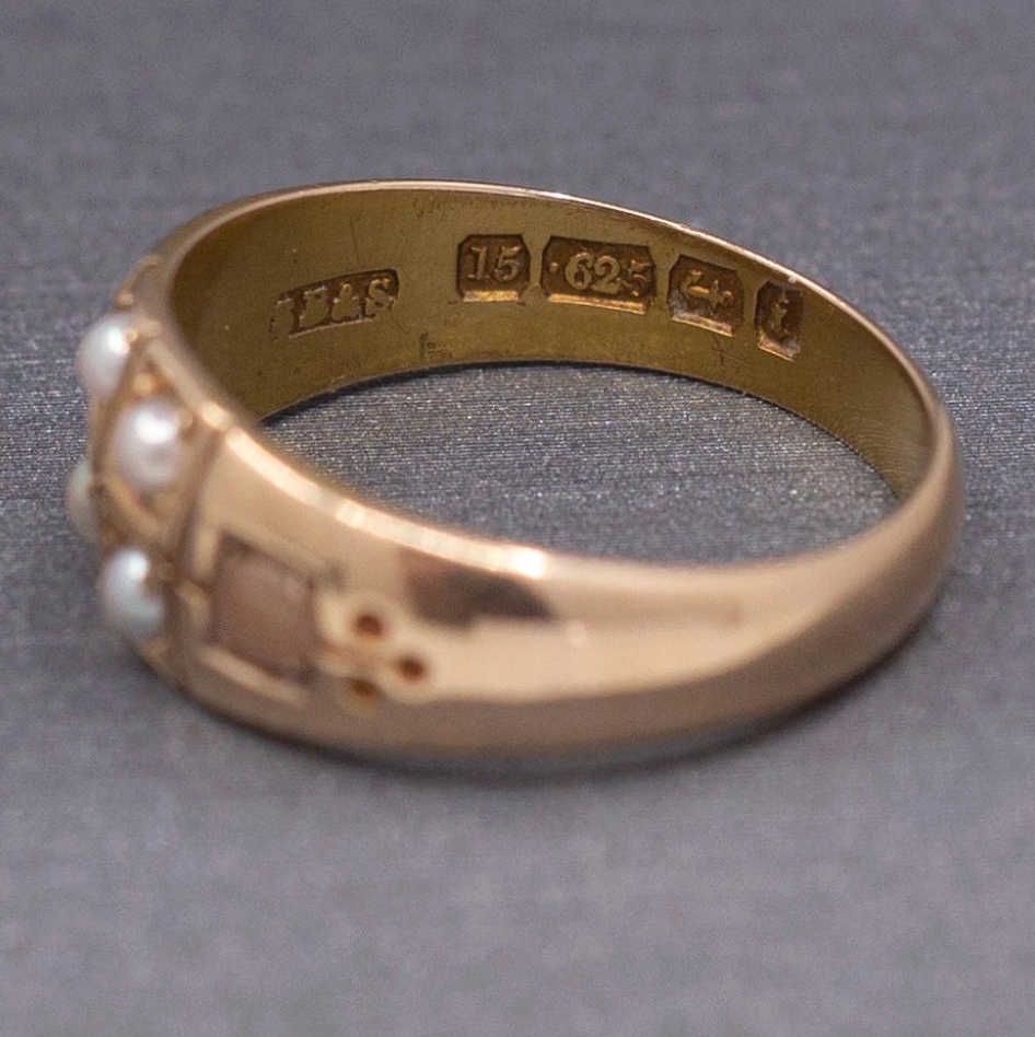 Antique Victorian English Pearl and Coral Band Ring in 15k Yellow Gold 1883