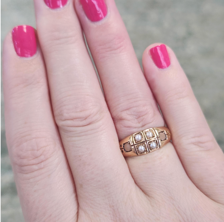 Antique Victorian English Pearl and Coral Band Ring in 15k Yellow Gold 1883