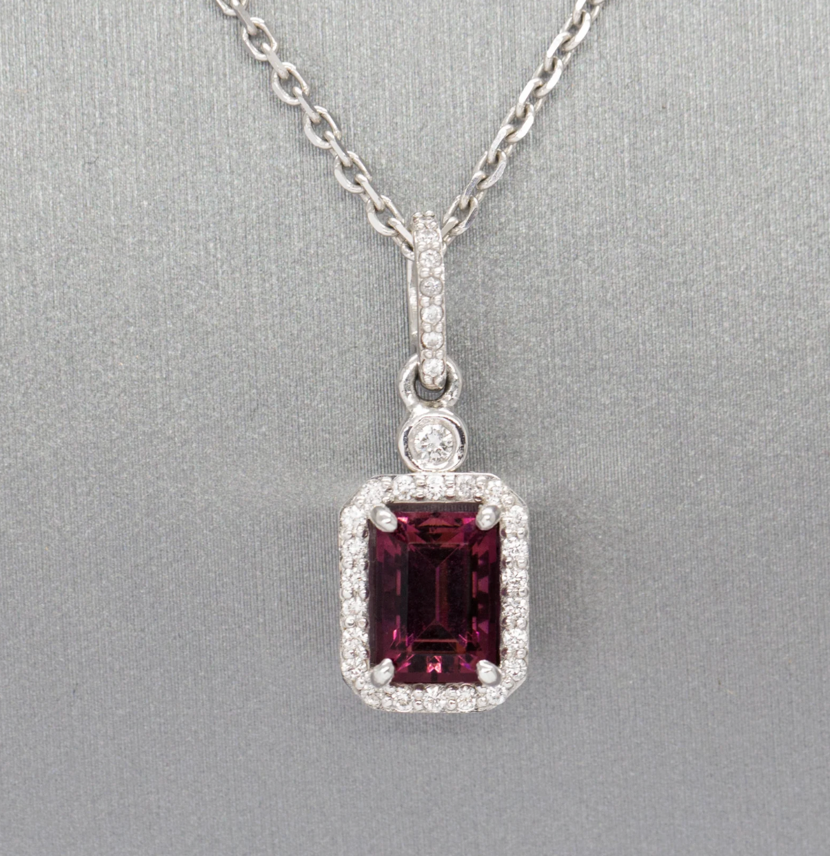 Pink Tourmaline and Diamond Emerald Cut 14k Halo Pendant Necklace