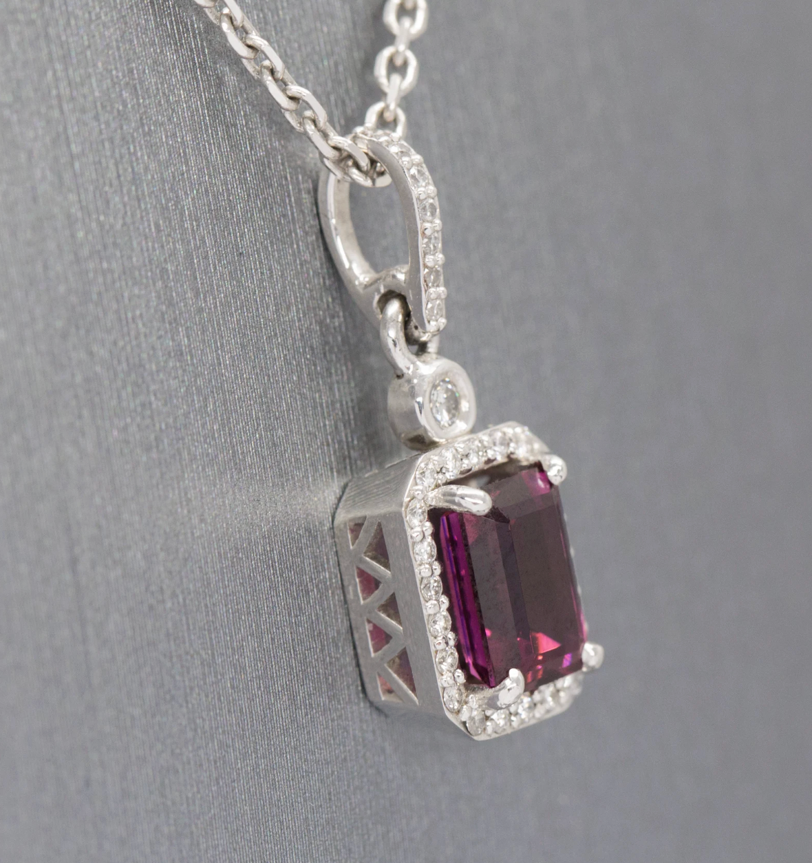 Pink Tourmaline and Diamond Emerald Cut 14k Halo Pendant Necklace