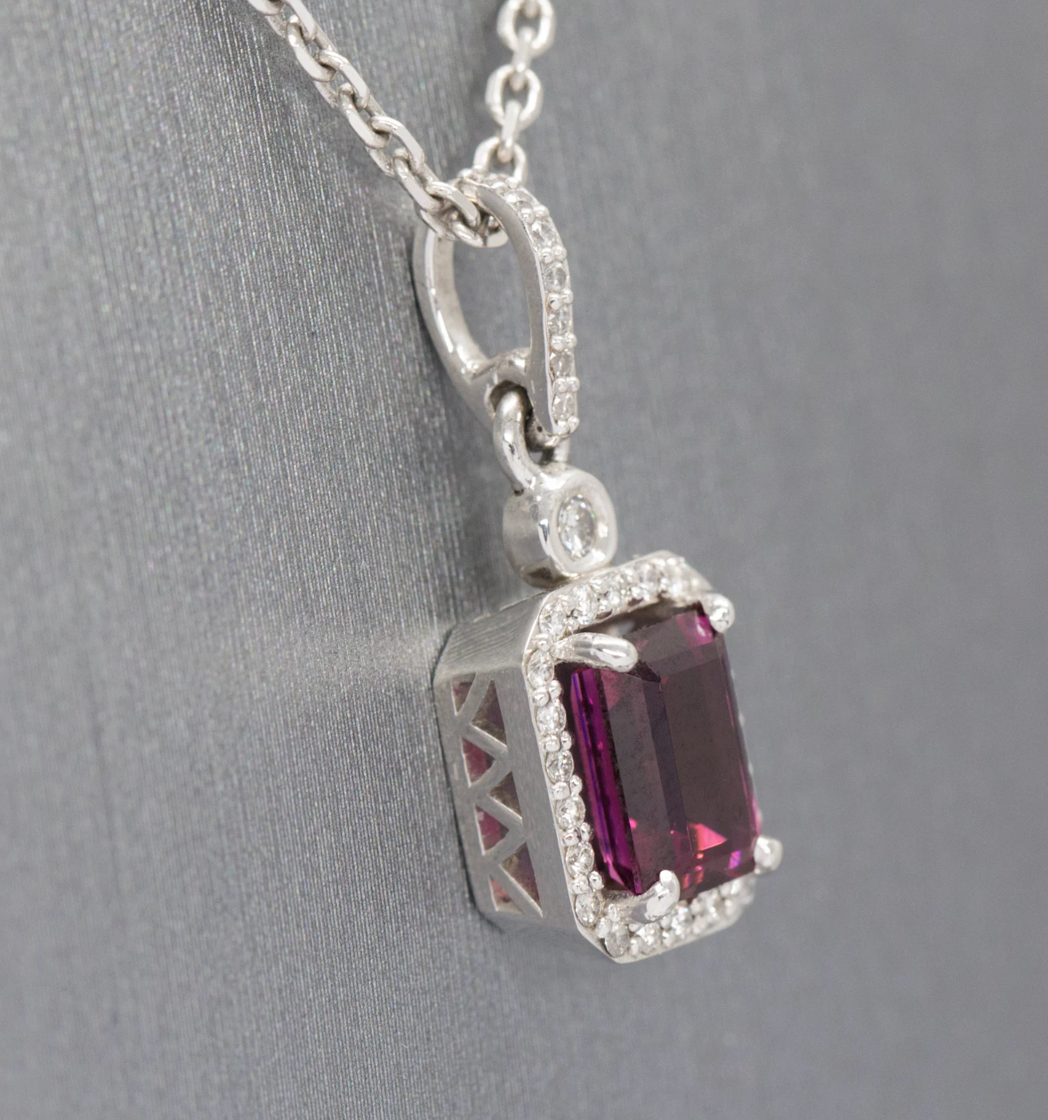 Pink Tourmaline and Diamond Emerald Cut 14k Halo Pendant Necklace