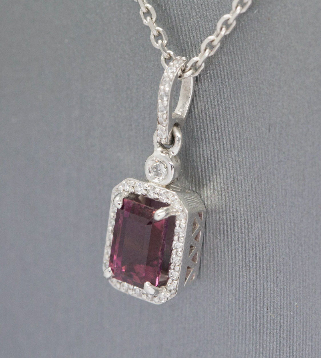 Pink Tourmaline and Diamond Emerald Cut 14k Halo Pendant Necklace