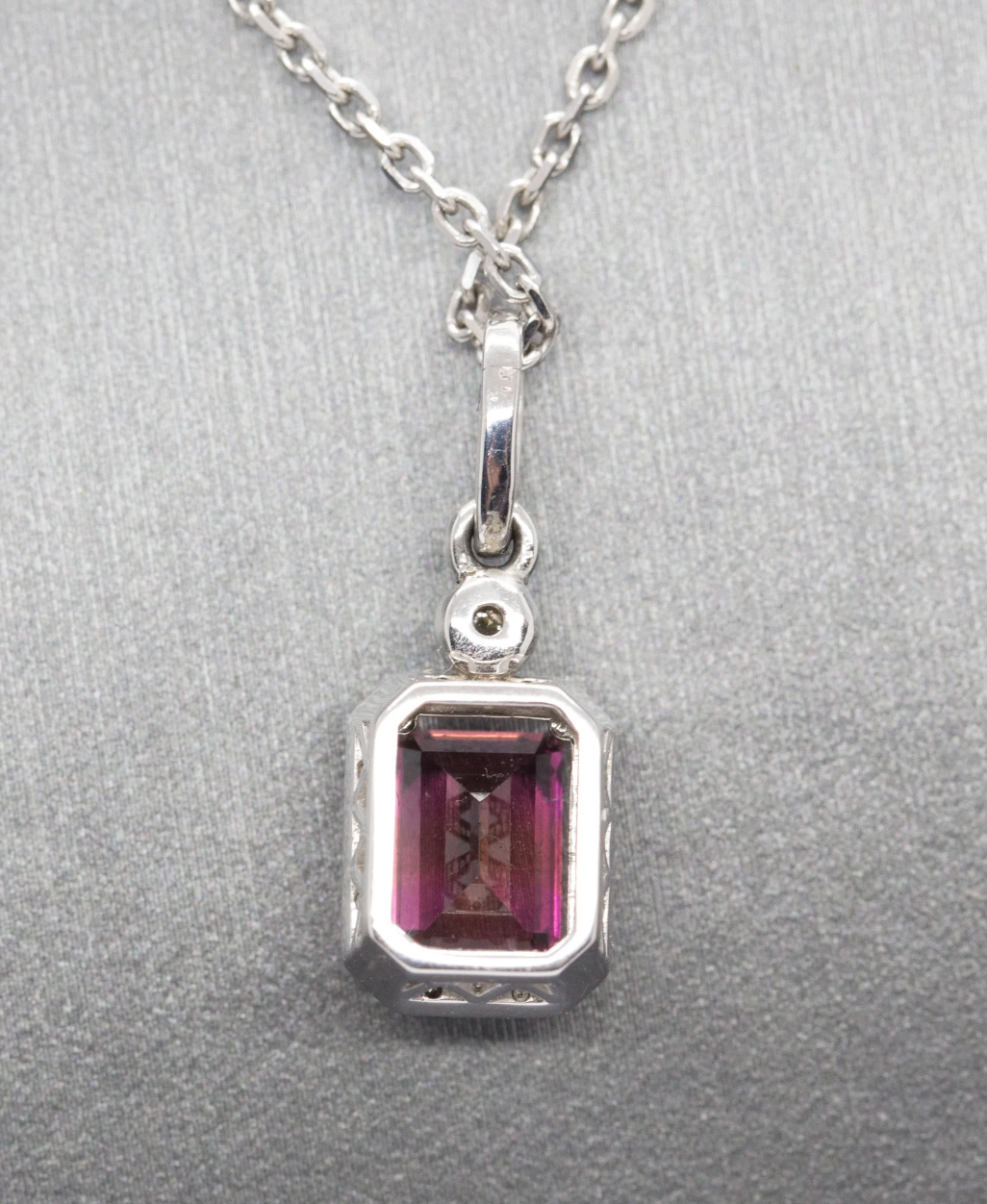 Pink Tourmaline and Diamond Emerald Cut 14k Halo Pendant Necklace