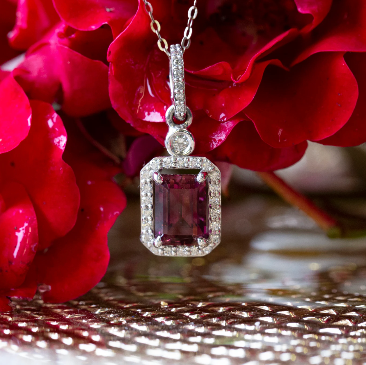 Pink Tourmaline and Diamond Emerald Cut 14k Halo Pendant Necklace