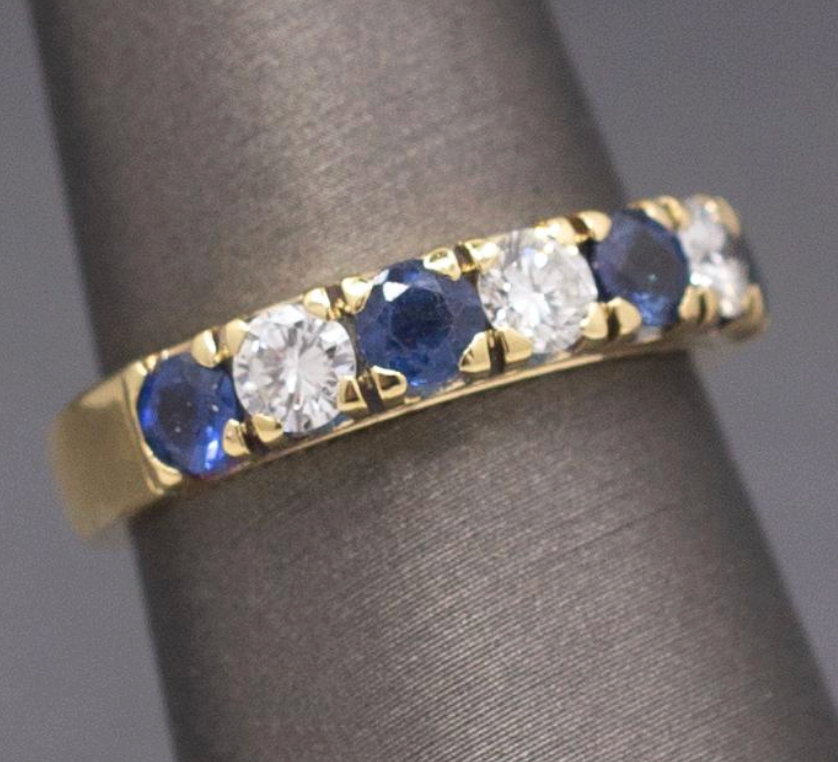 Vintage Blue Sapphire and Diamond Band Ring in 18k Yellow Gold