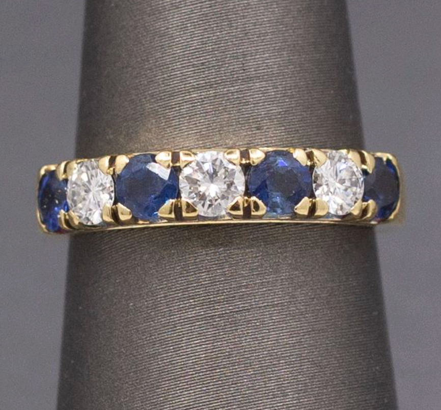 Vintage Blue Sapphire and Diamond Band Ring in 18k Yellow Gold