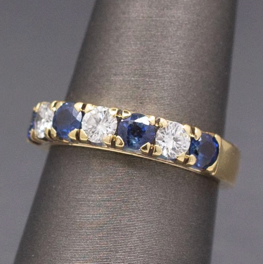Vintage Blue Sapphire and Diamond Band Ring in 18k Yellow Gold