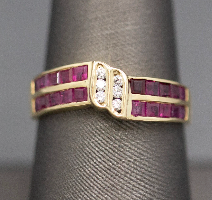 Ruby and Diamond Twist Channel Set Band Ring in 14k Yellow Gold
