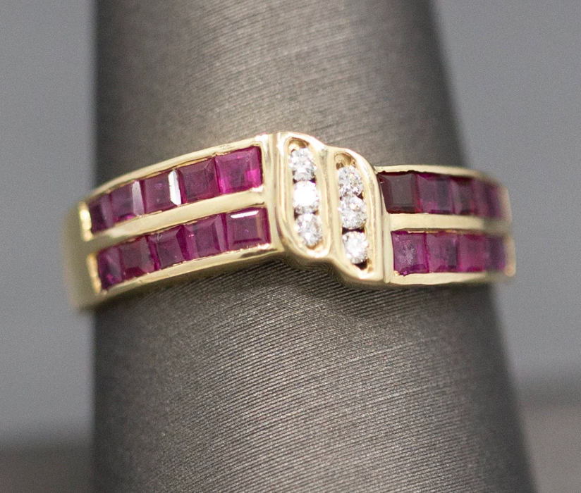 Ruby and Diamond Twist Channel Set Band Ring in 14k Yellow Gold
