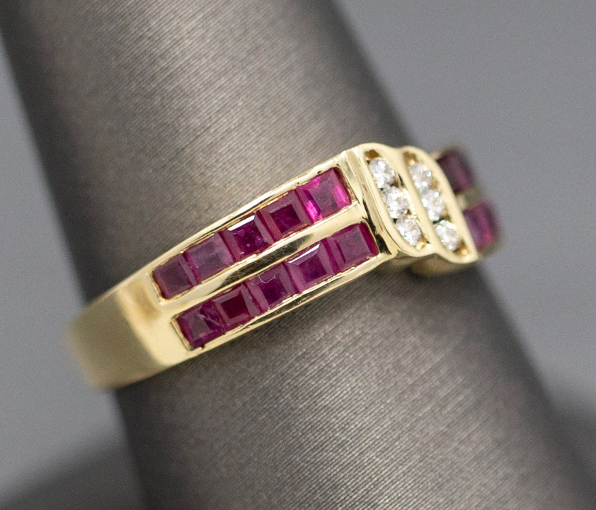 Ruby and Diamond Twist Channel Set Band Ring in 14k Yellow Gold