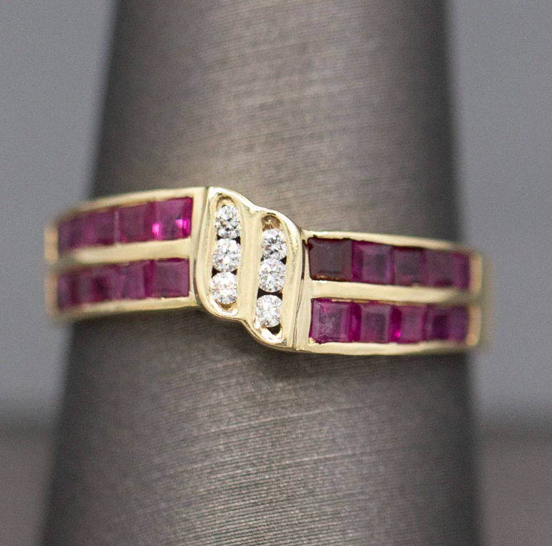 Ruby and Diamond Twist Channel Set Band Ring in 14k Yellow Gold