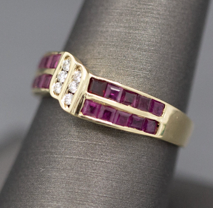 Ruby and Diamond Twist Channel Set Band Ring in 14k Yellow Gold