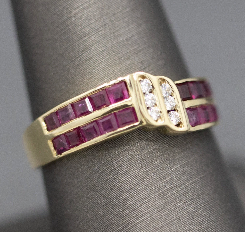 Ruby and Diamond Twist Channel Set Band Ring in 14k Yellow Gold