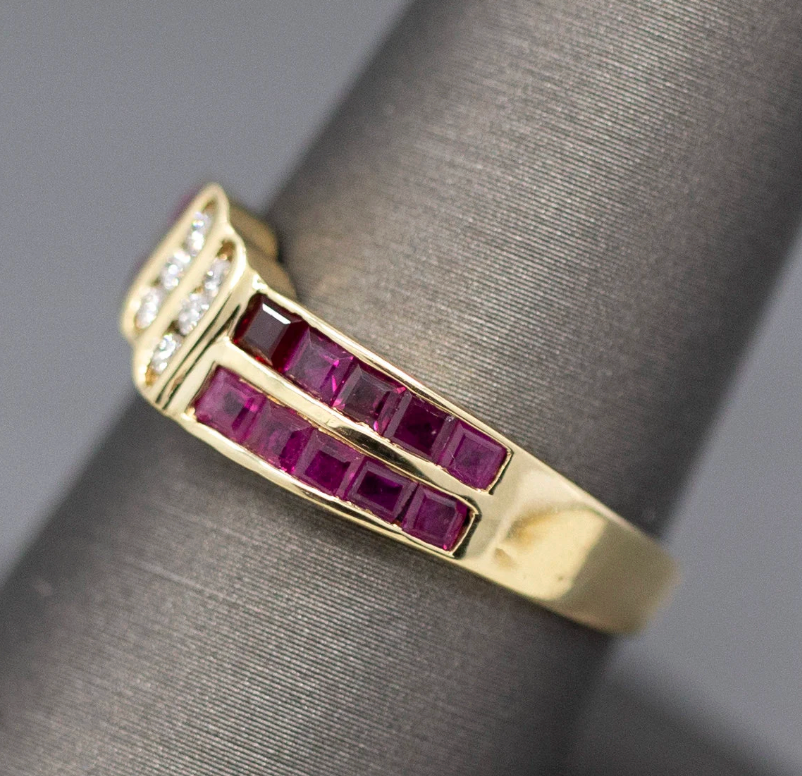 Ruby and Diamond Twist Channel Set Band Ring in 14k Yellow Gold