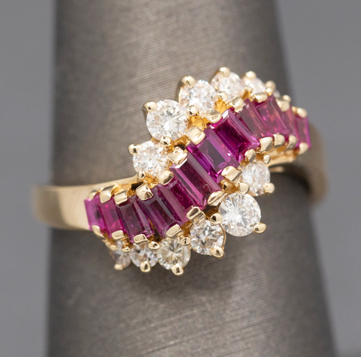Baguette Cut Ruby and Diamond Wave Cocktail Ring in 14k Yellow Gold