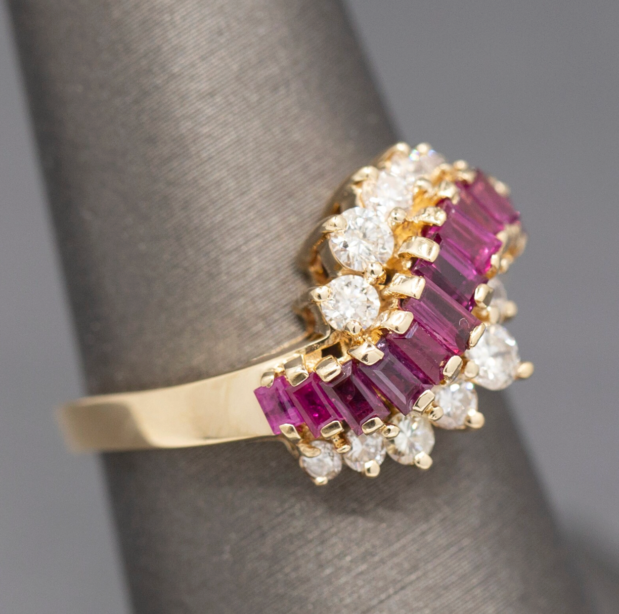 Baguette Cut Ruby and Diamond Wave Cocktail Ring in 14k Yellow Gold