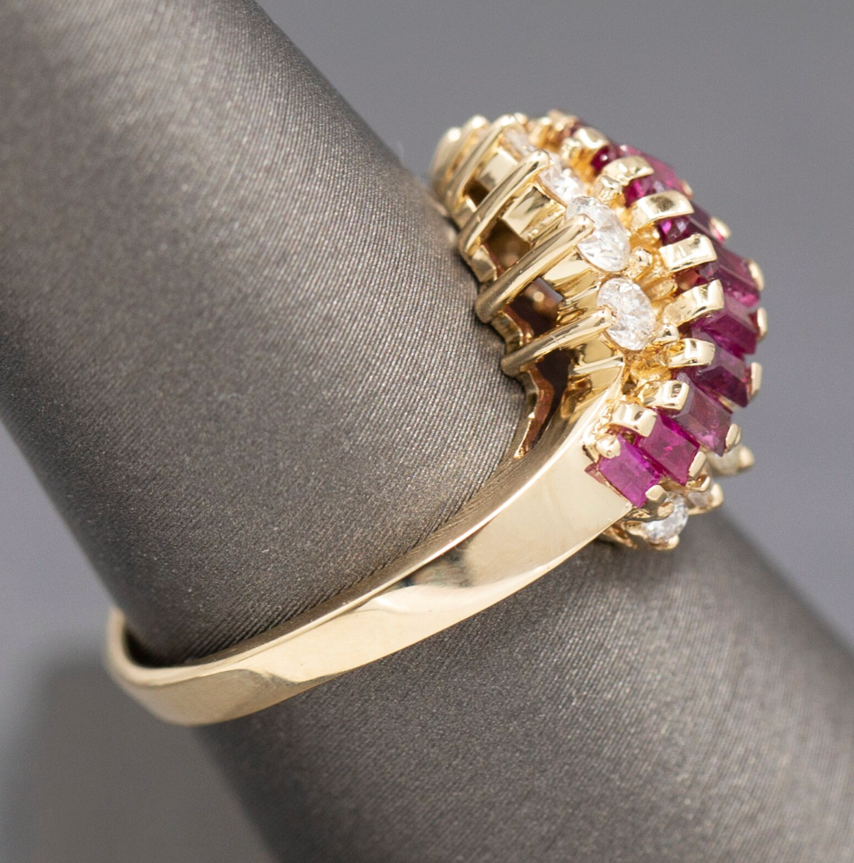 Baguette Cut Ruby and Diamond Wave Cocktail Ring in 14k Yellow Gold