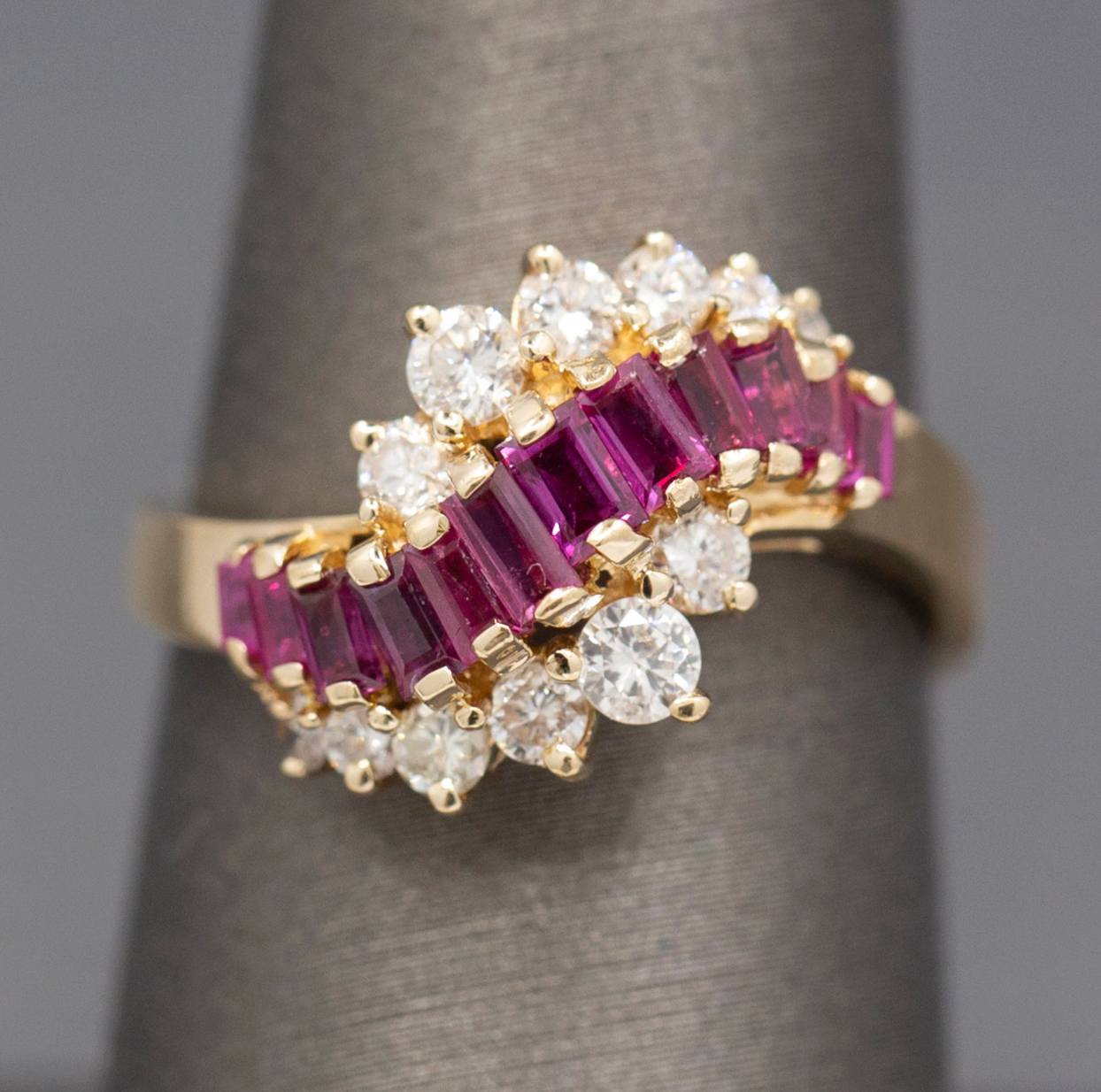 Baguette Cut Ruby and Diamond Wave Cocktail Ring in 14k Yellow Gold