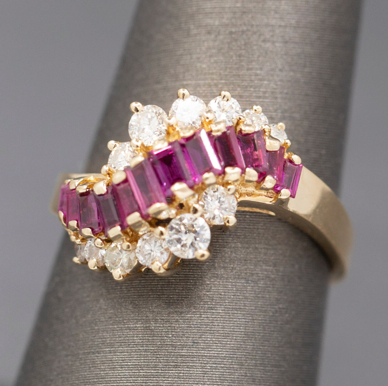 Baguette Cut Ruby and Diamond Wave Cocktail Ring in 14k Yellow Gold