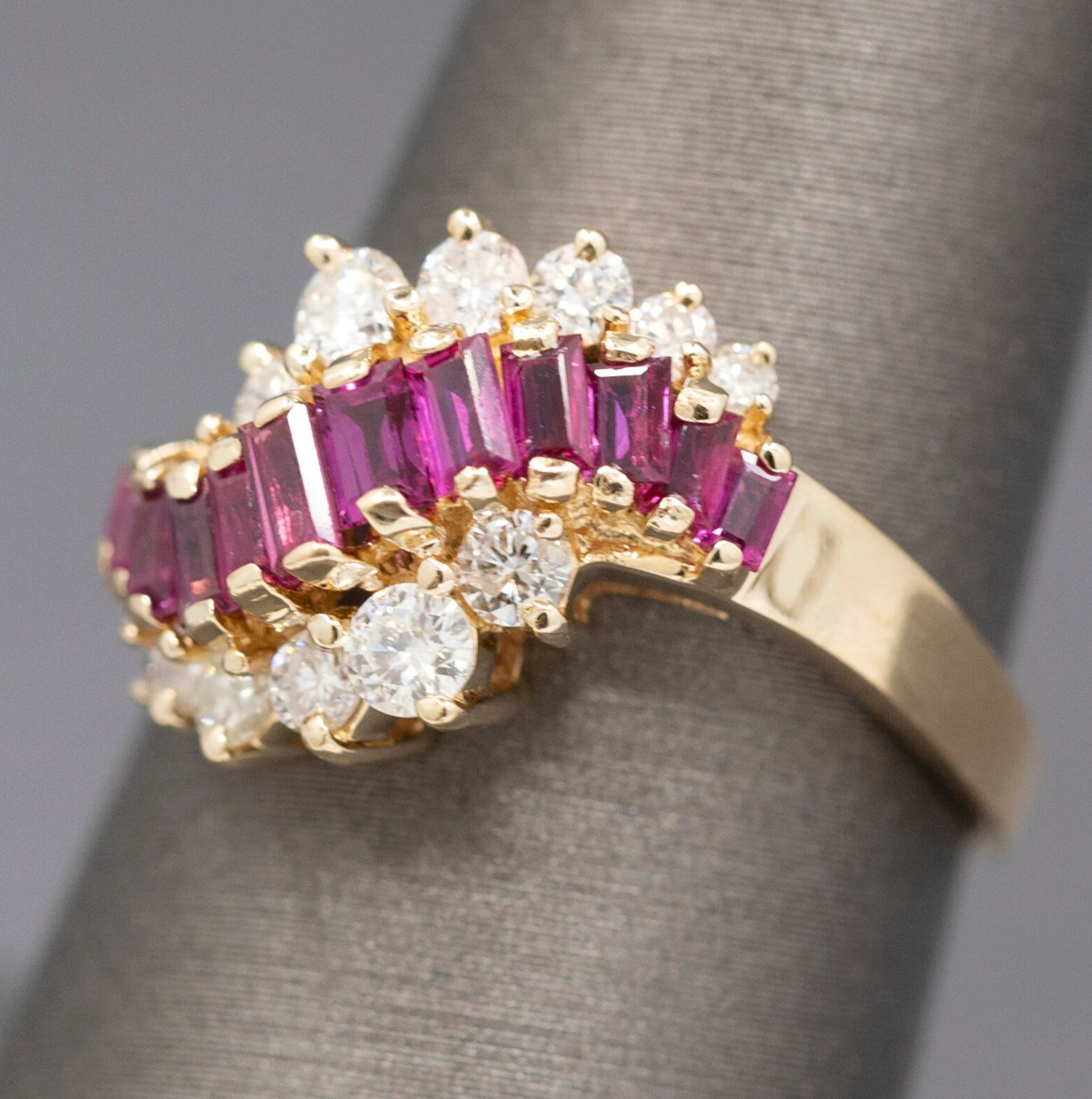 Baguette Cut Ruby and Diamond Wave Cocktail Ring in 14k Yellow Gold