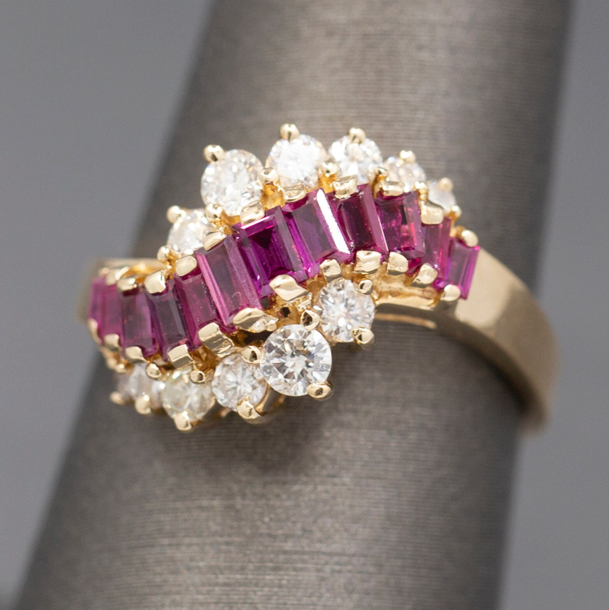 Baguette Cut Ruby and Diamond Wave Cocktail Ring in 14k Yellow Gold